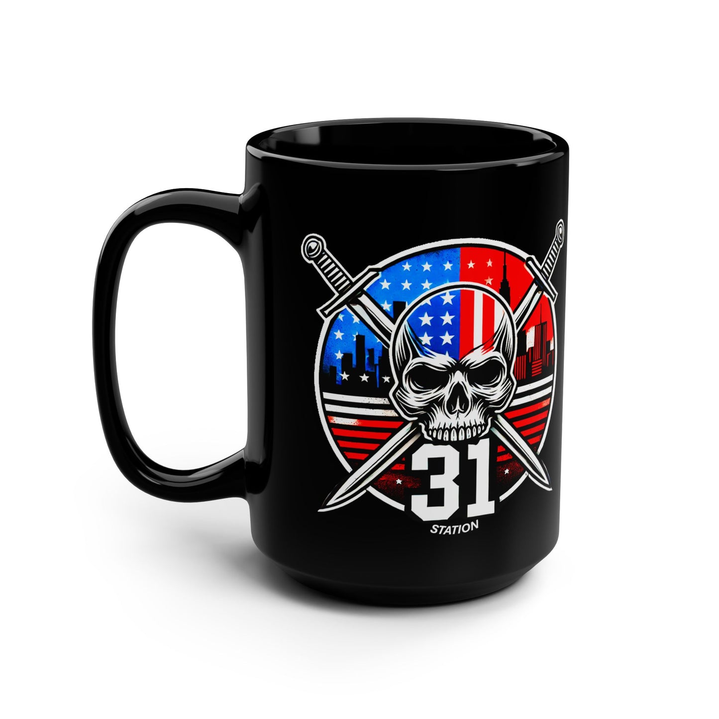 Custom Skull & Swords 15oz Black Mug - Station 31 Design