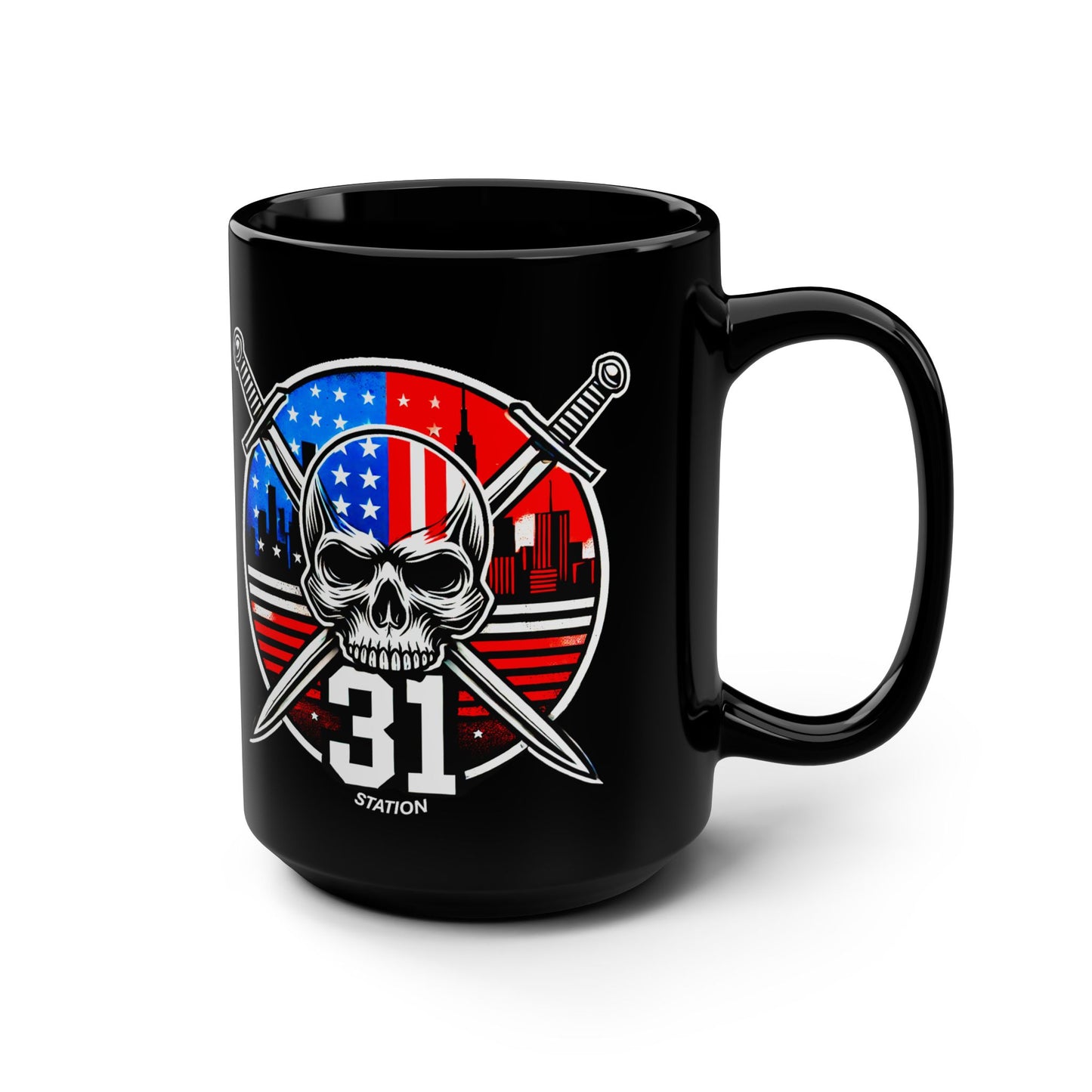 Custom Skull & Swords 15oz Black Mug - Station 31 Design